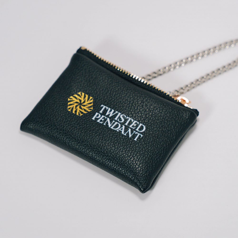 Black leather pouch with 'Twisted Pendant' logo on a light gray background