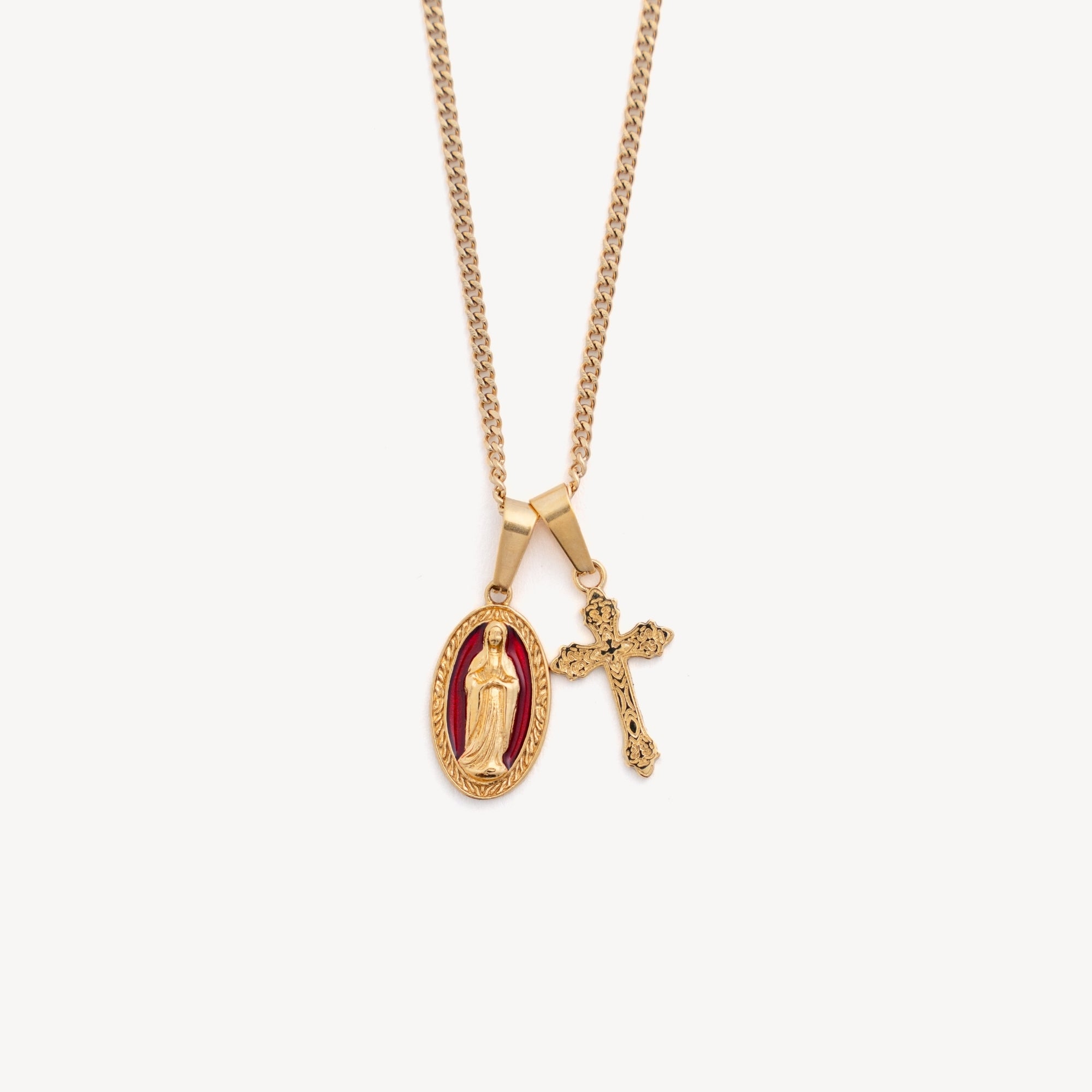 Silver necklace with a pink gemstone pendant on a white background