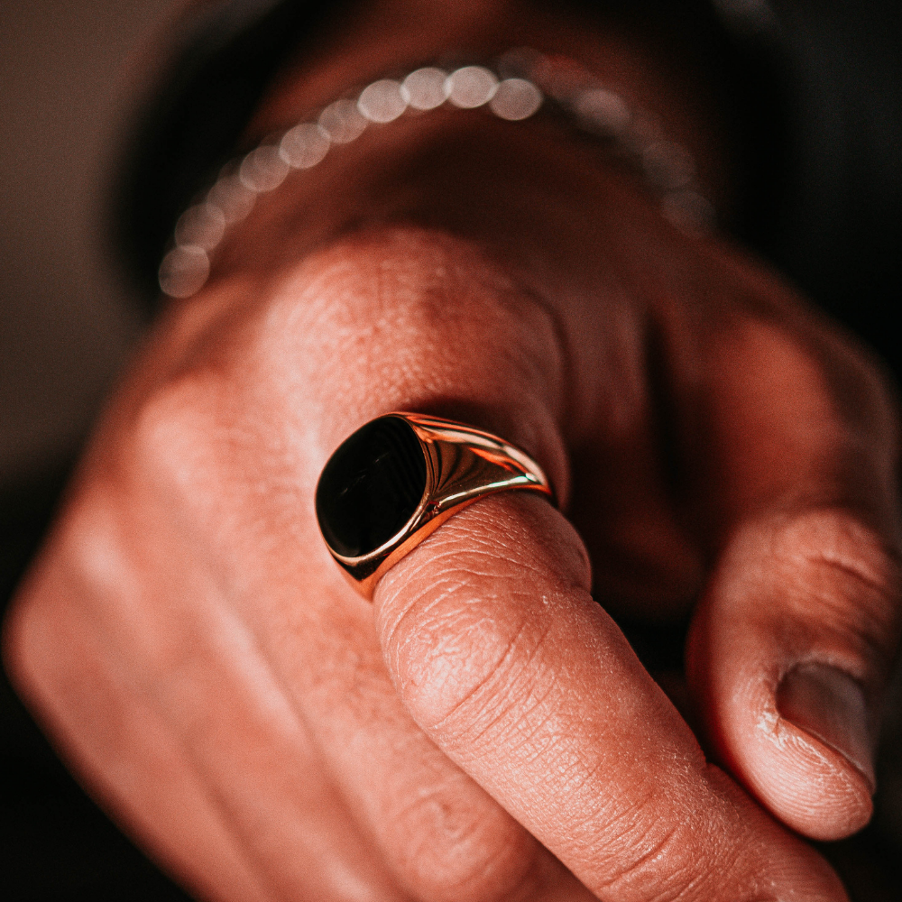 Gold Signet Ring Men - Black Stone Mens Signet Rings - By Twistedpendant