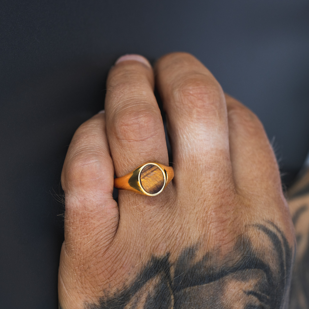 Tigers Eye Signet Ring Men - Mens Gold Signet Ring - By Twistedpendant