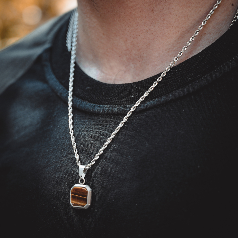 Tigers Eye Gemstone Necklace - Mens Silver Necklace - By Twistedpendant
