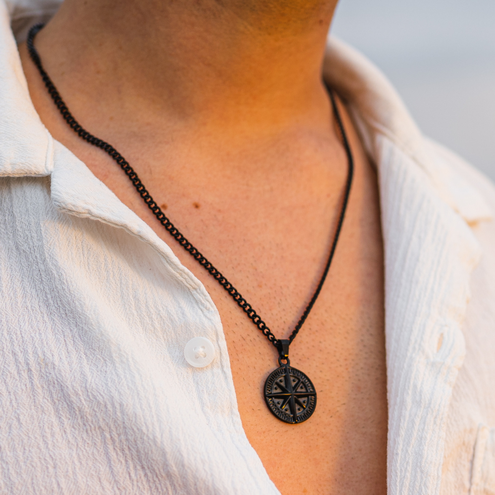 Men's Black Compass Pendant Necklace - Men's Black Necklace | Twistedpendant
