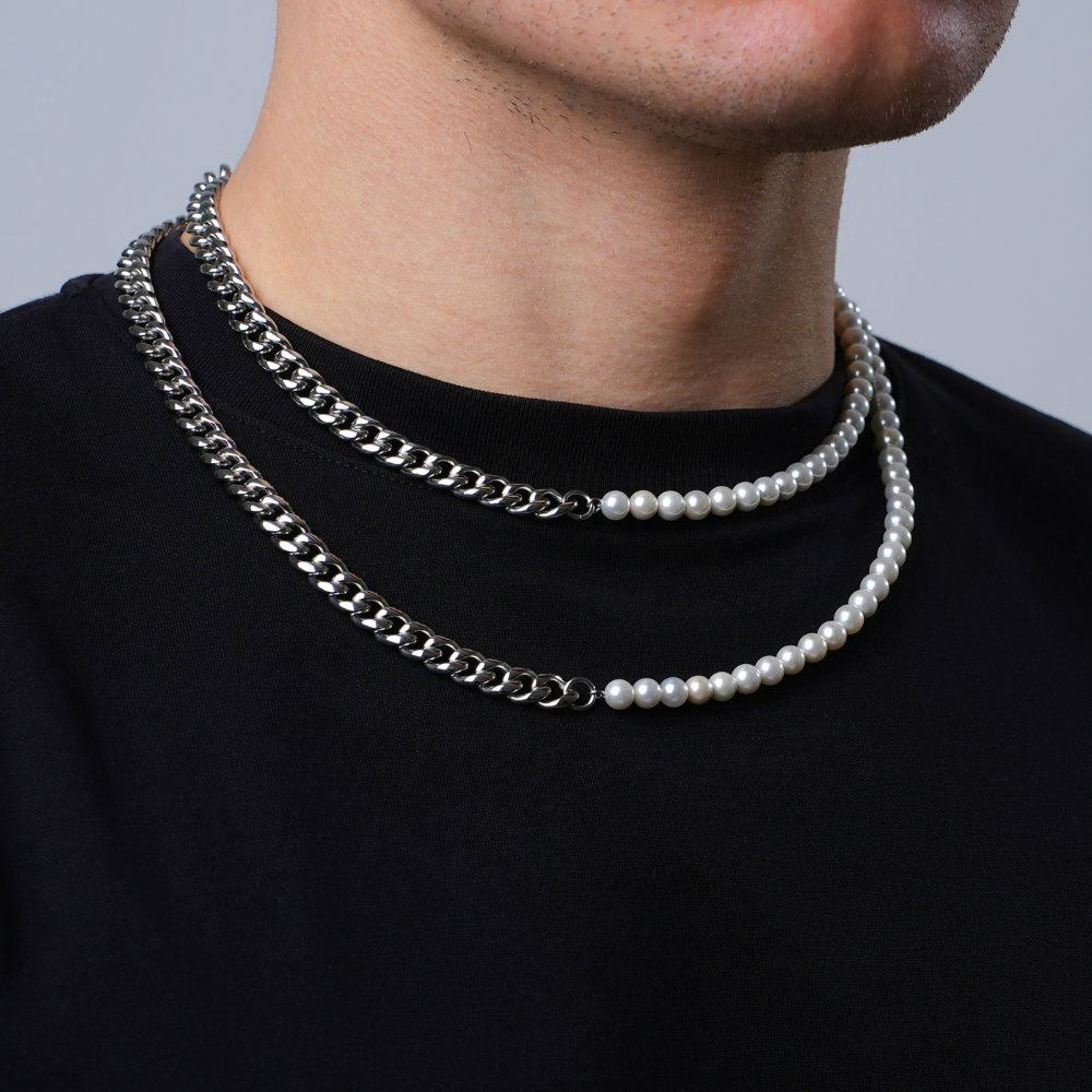 Half Pearl Half Silver Cuban (8MM) - Pearl Necklace Men | Twistedpendant