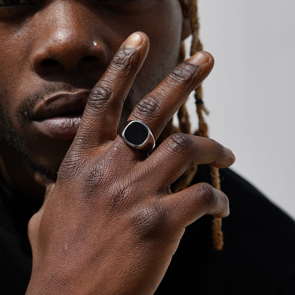 Large Silver Signet Ring, Black Onyx Ring - Mens Ring | By Twistedpendant
