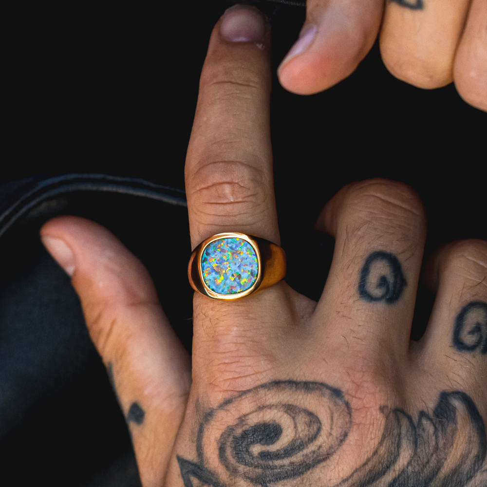Large Gold Signet Ring, Green Opal Ring - Mens Ring | By Twistedpendant