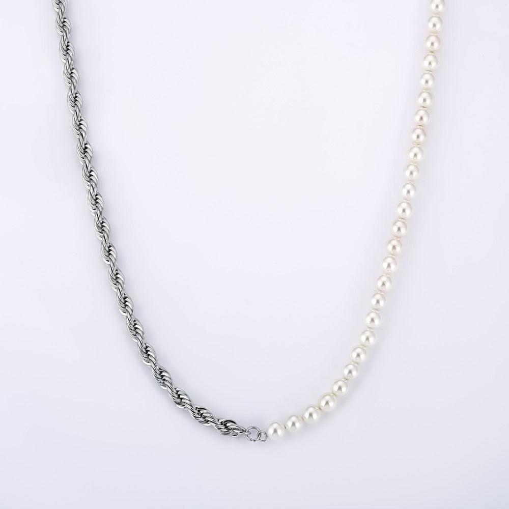 Half Pearl Half Silver Rope Chain - Pearl Necklace Men | Twistedpendant