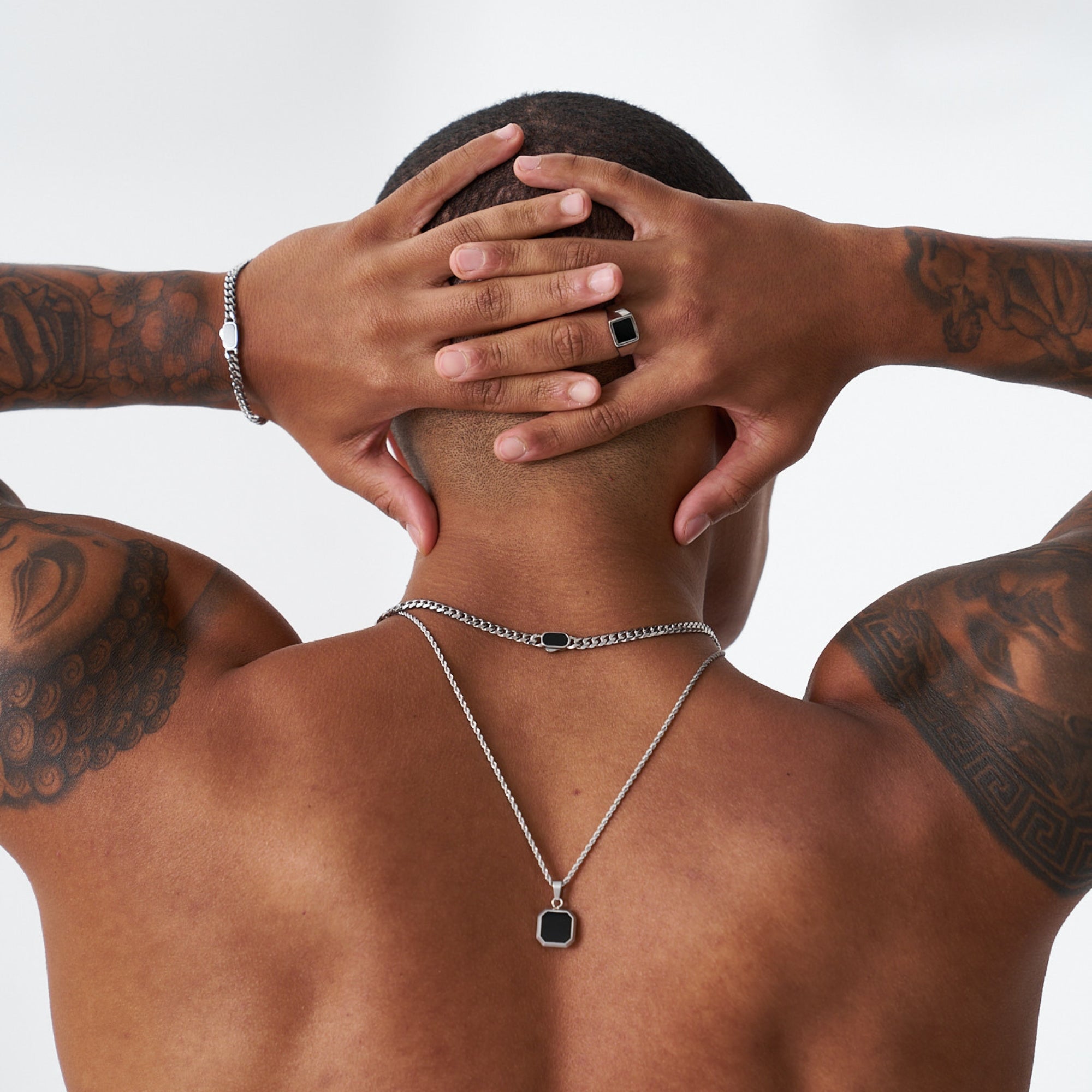 Onyx Cuban Necklace Set (Silver)