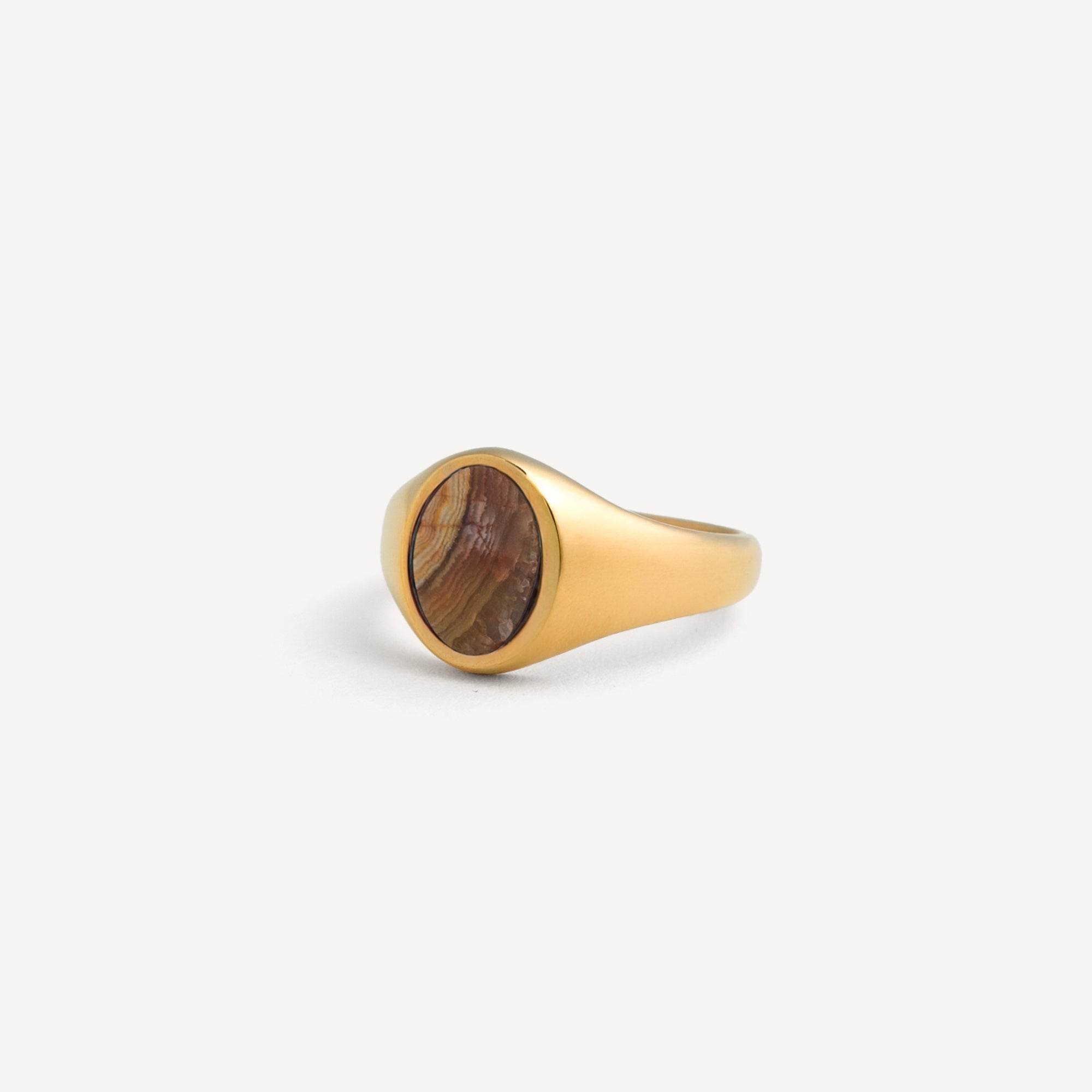 Gold ring with a wooden inlay on a white background