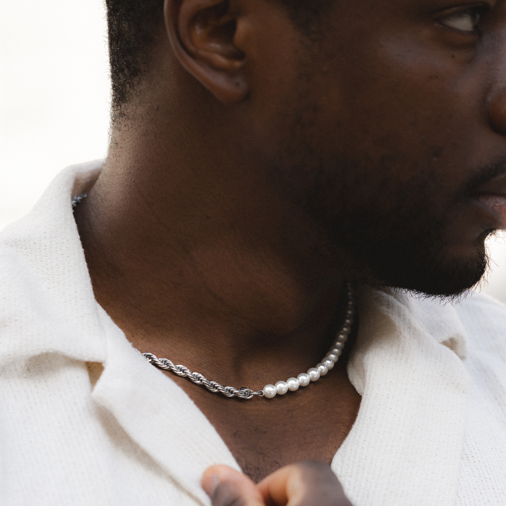 Half Pearl Half Silver Rope Chain - Pearl Necklace Men | Twistedpendant