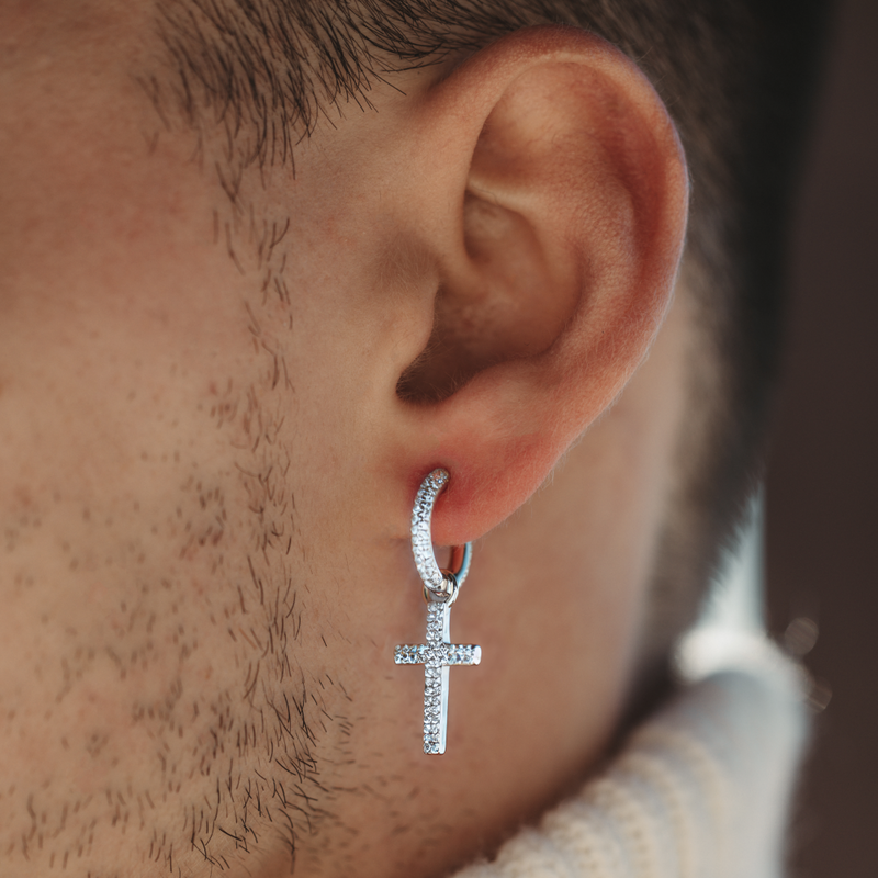 Diamond Cross Dangle Earring - Men's Silver Earings | Twistedpendant