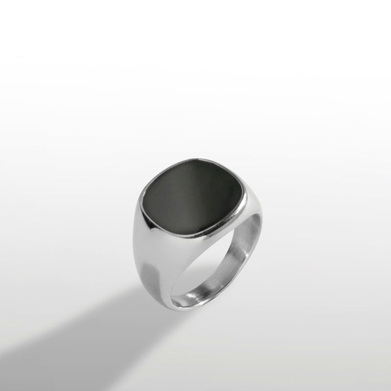 Black Polished Signet Ring - Silver