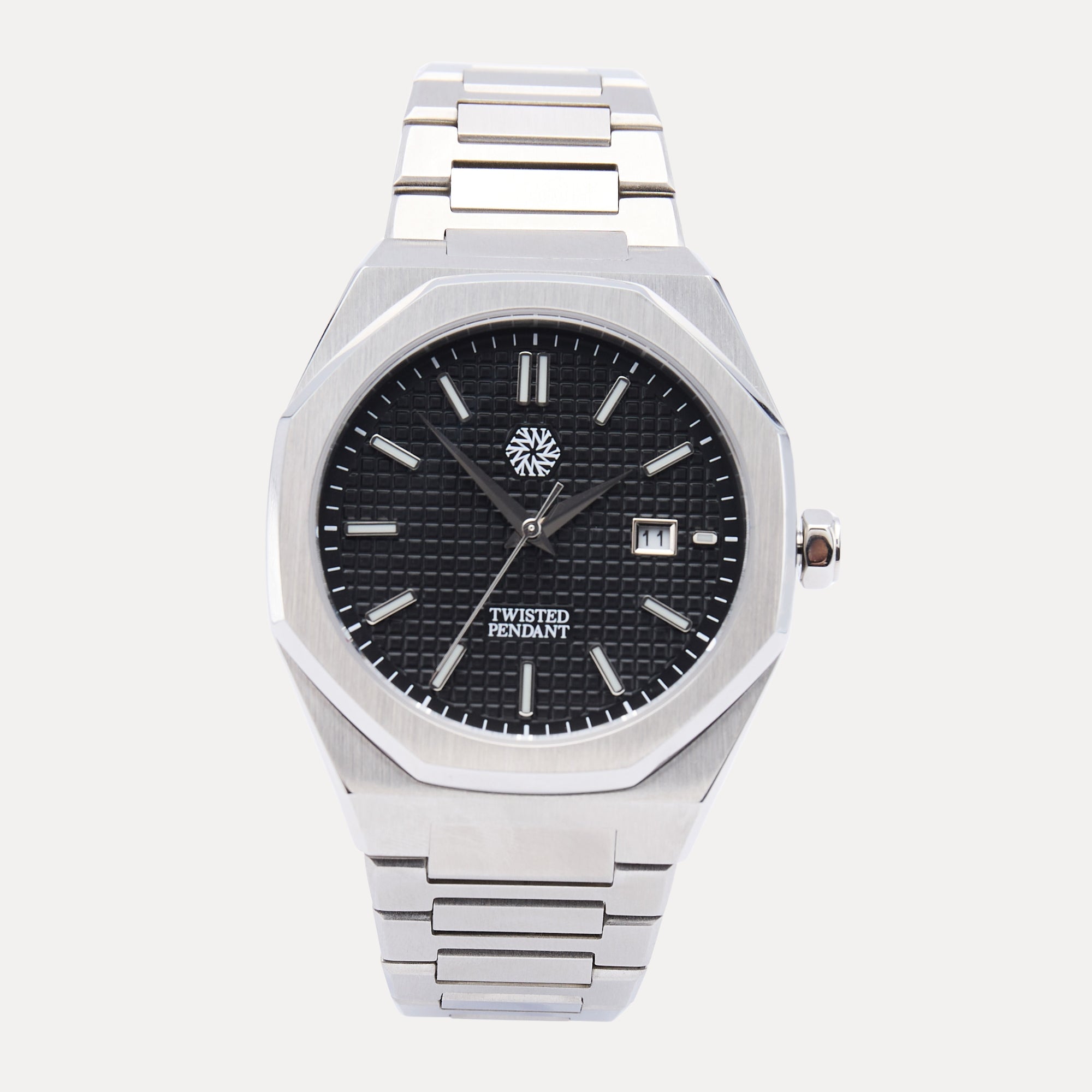 Silver watch with black dial on a white background
