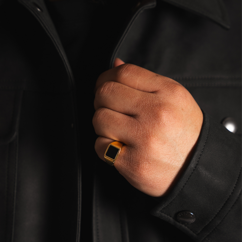 Mens Rings - Gold Square Onyx Signet Pinky Ring - By Twistedpendant