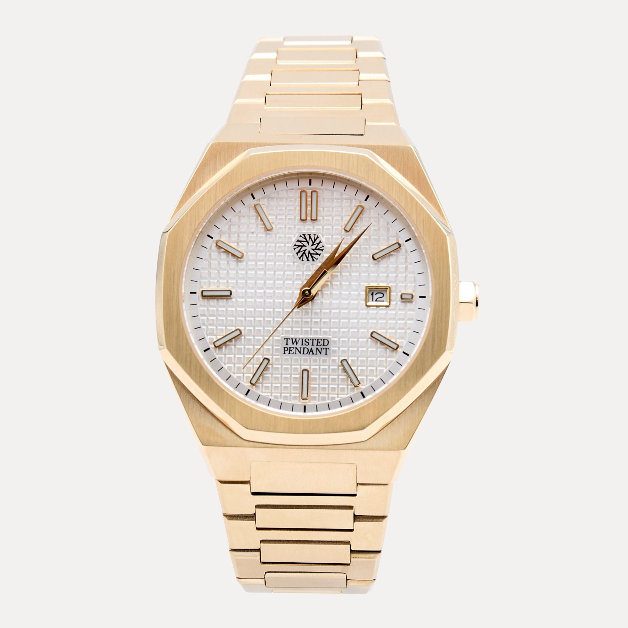 Gold wristwatch with a white face on a light gray background