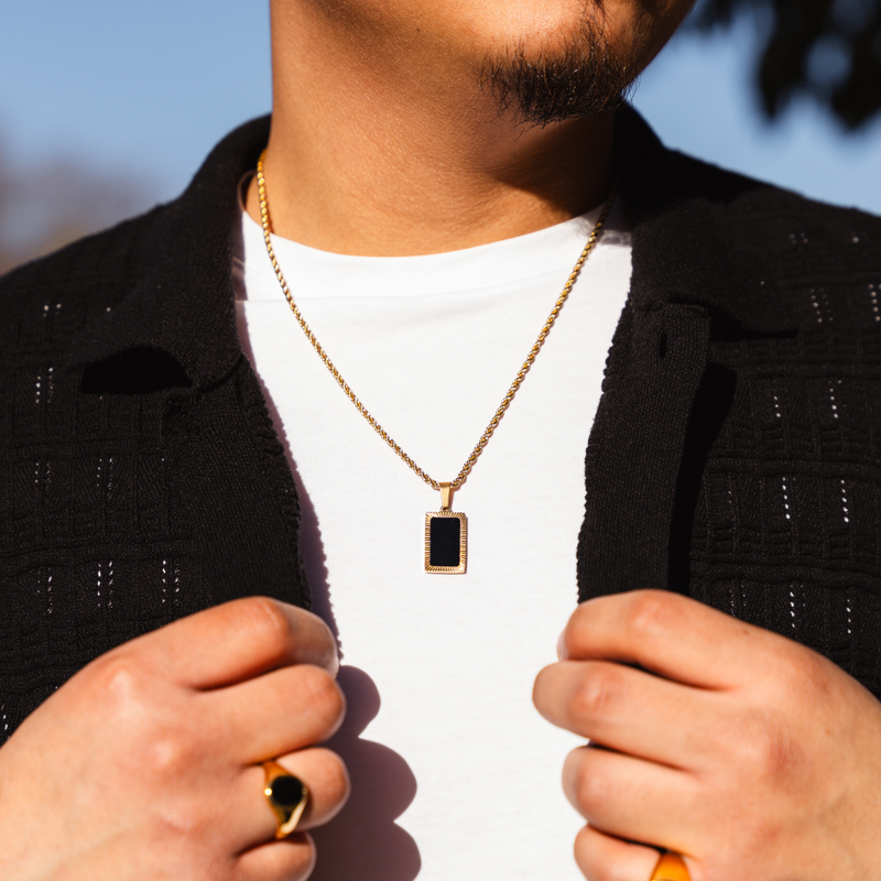 Rectangle Gold Onyx Pendant Necklace For Men - By Twistedpendant