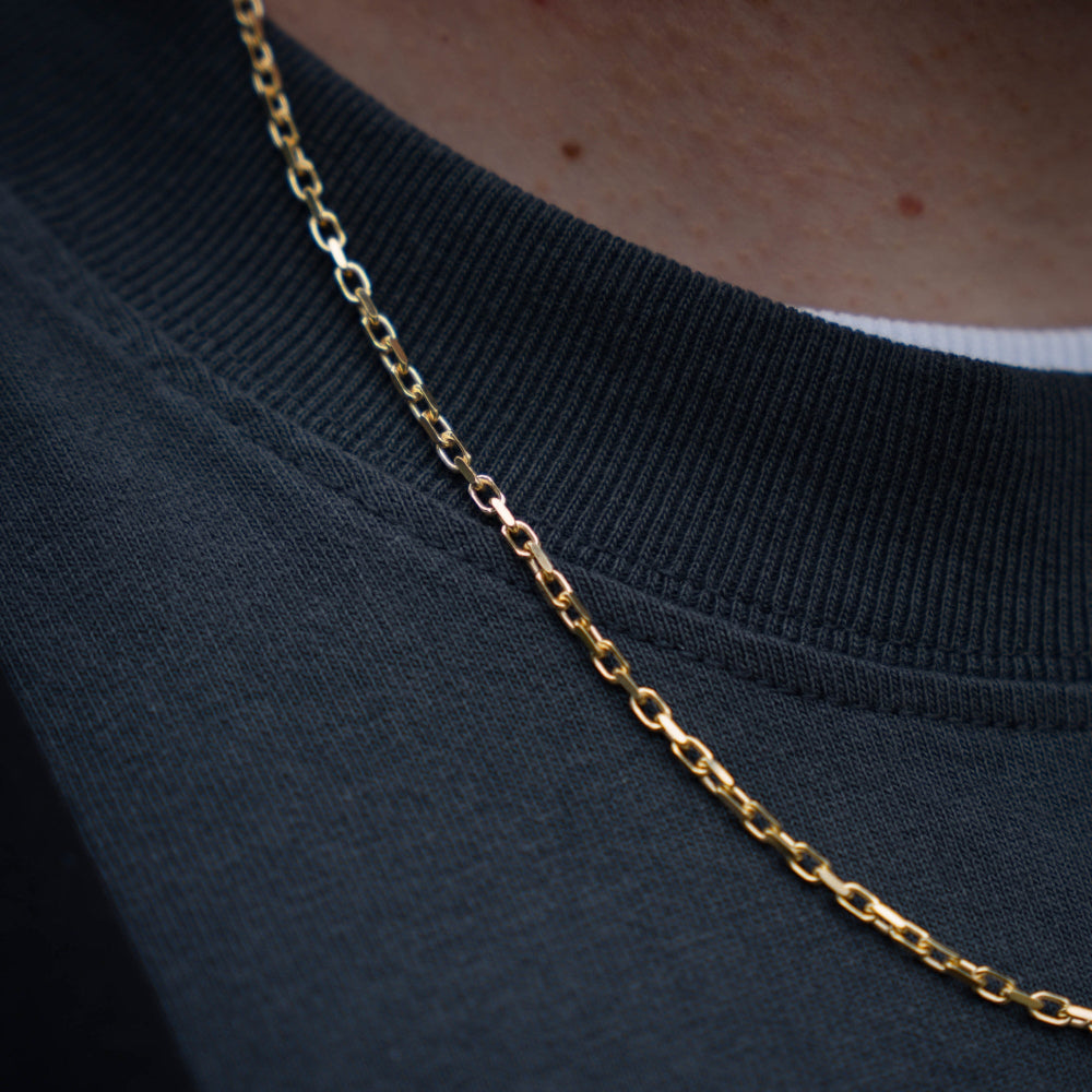 Gold chain necklace on a person wearing a dark blue shirt