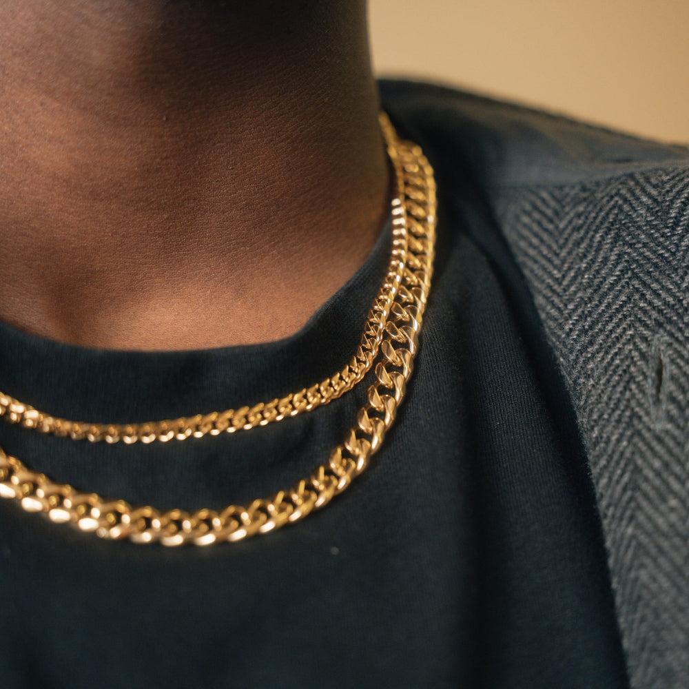 Close-up of a person wearing two gold chain necklaces on a dark background