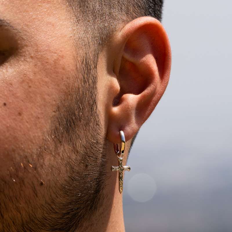 Mens Dagger Dangle Earrings - Mens Gold Dangle Earrings - By Twistedpendant