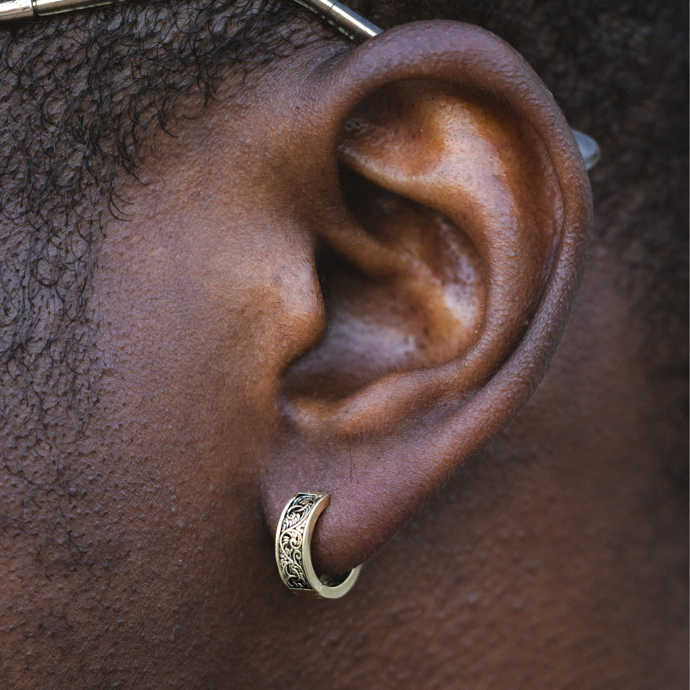 Stainless Steel Tribal Huggie Hoop Earrings - Polished & Blackened, 0.61", Unisex