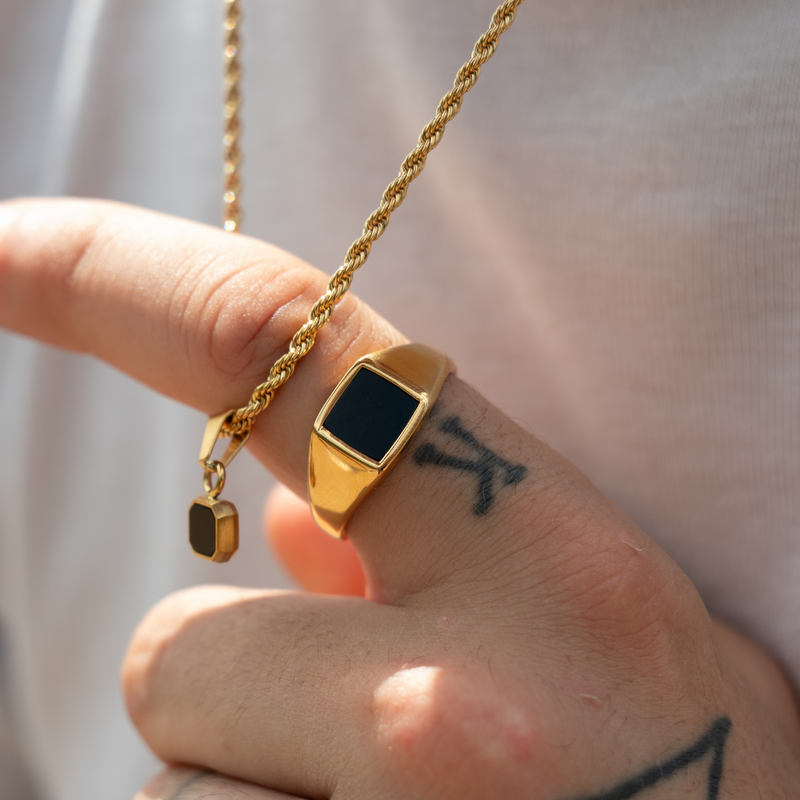 Mens Rings - Gold Square Onyx Signet Pinky Ring - By Twistedpendant