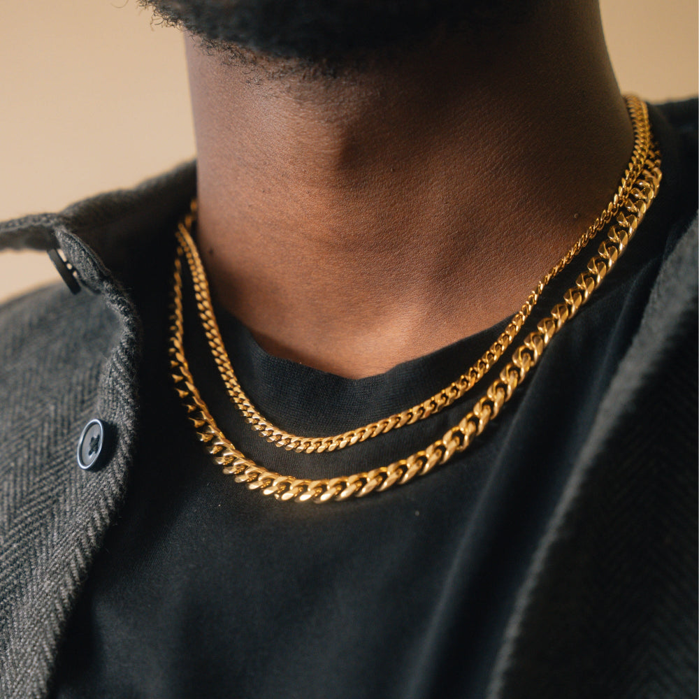 Person wearing a gold chain necklace with a neutral background