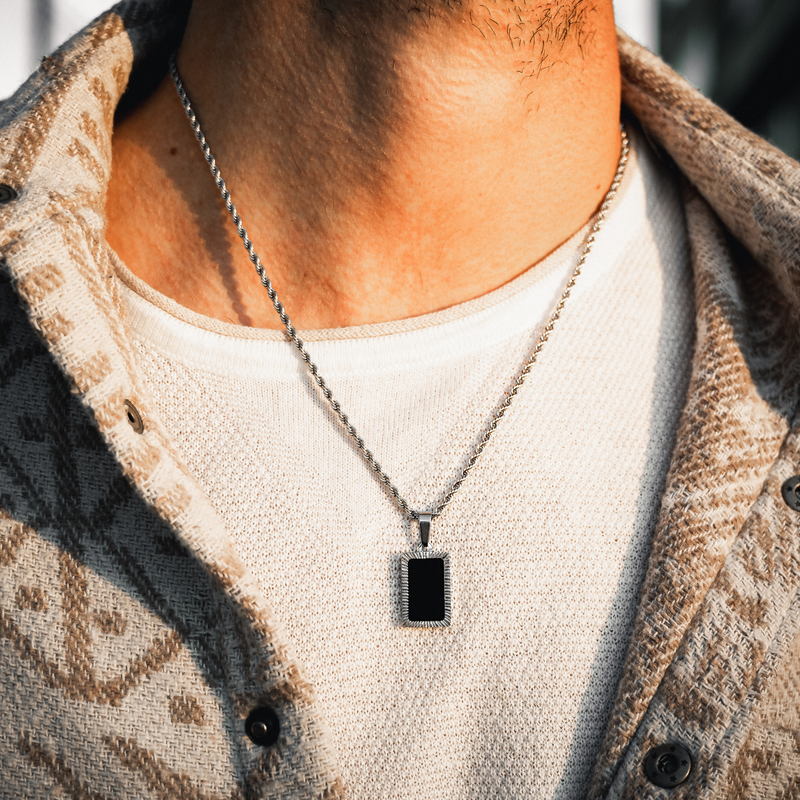 Rectangle Silver Onyx Pendant Necklace For Men - By Twistedpendant