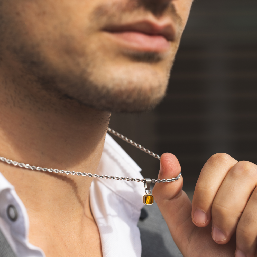 Mini Tiger Eye Necklace - Silver Necklace for Men - By Twistedpendant