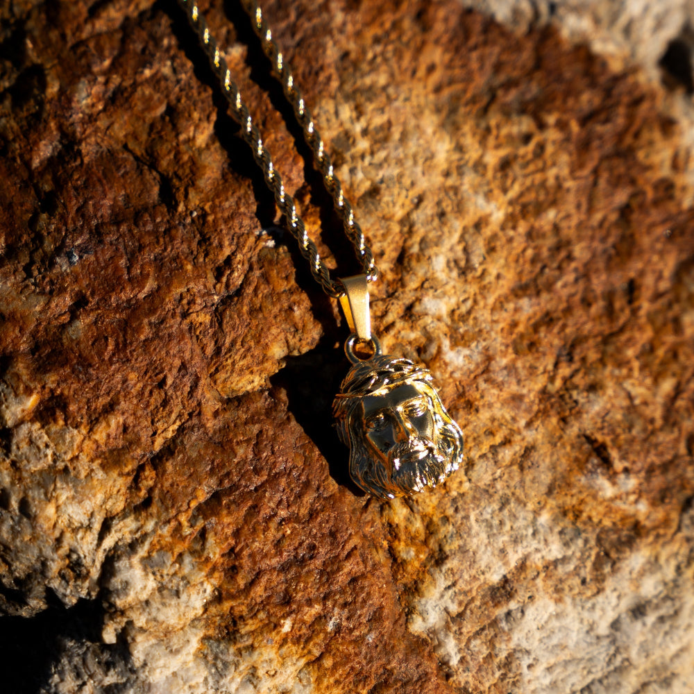 Gold lion head pendant necklace on a textured stone background