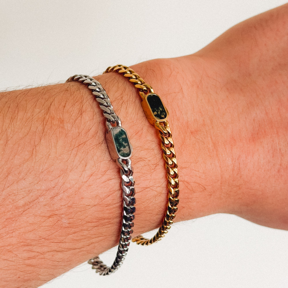 Moss Agate Cuban Bracelet (5MM) - Silver