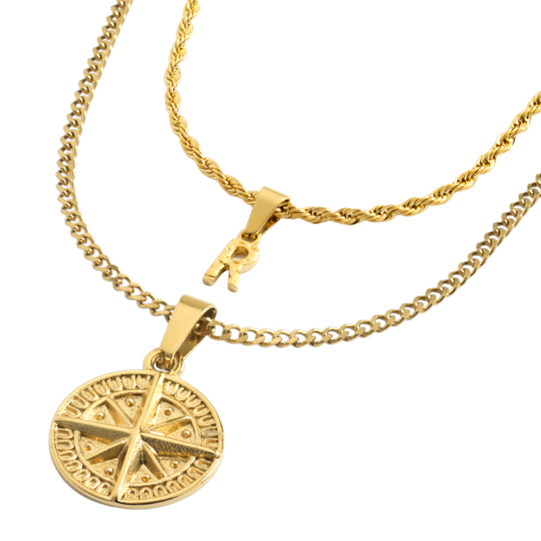 Vintage Initial & Mini Compass Set - (Gold) - Mens Gift Sets - By Twistedpendant