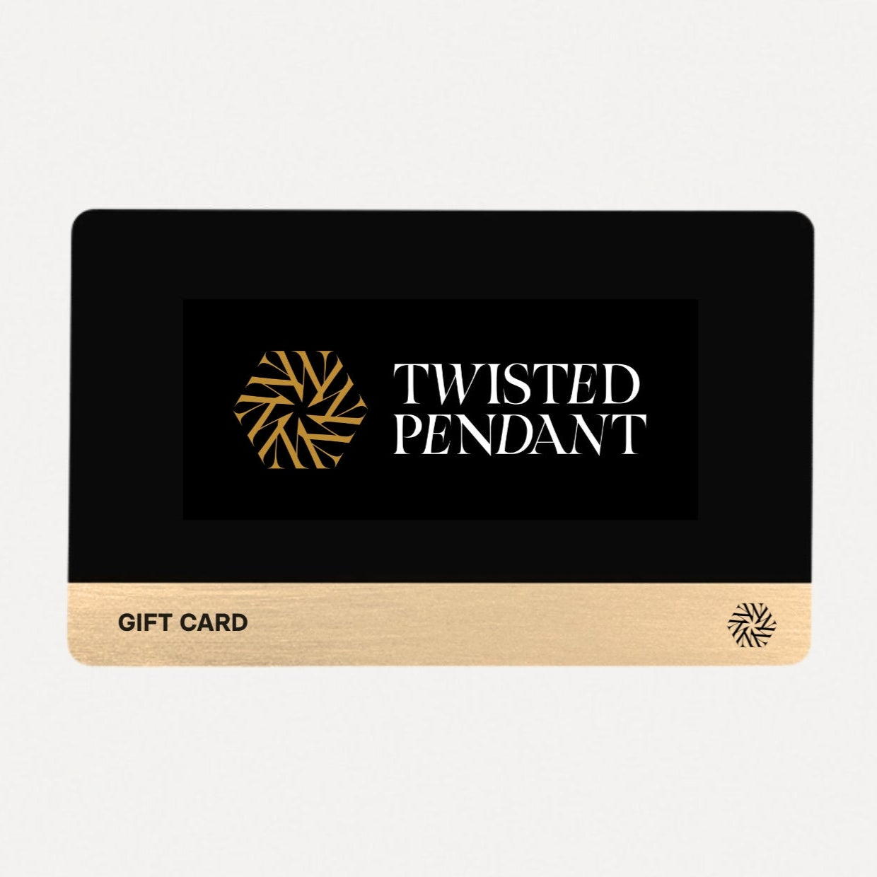 Gift card with 'Twisted Pendant' logo on a black and wooden background