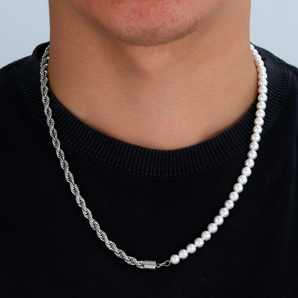 Half Pearl Half Silver Rope Chain - Pearl Necklace Men | Twistedpendant