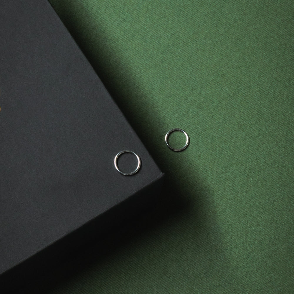 Two silver rings on a green surface with a black card.