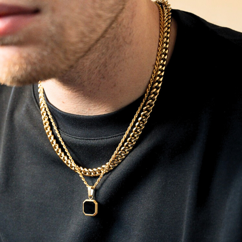 18K Gold Onyx Pendant Necklace - Mens Jewellery Gift Set By Twistedpendant
