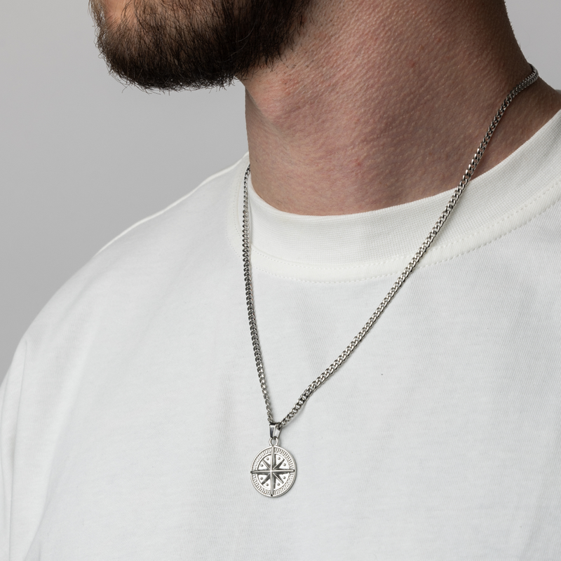 Men's Silver Compass Pendant on 3mm Cuban Chain Necklace | Twistedpendant