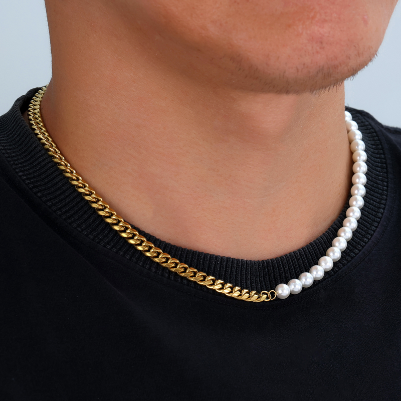 Half Pearl Half Gold Cuban (8MM) - Pearl Necklace Men | Twistedpendant