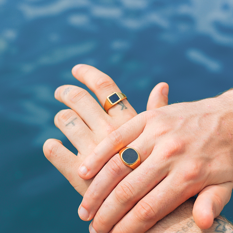 Mens Rings - Gold Square Onyx Signet Pinky Ring - By Twistedpendant