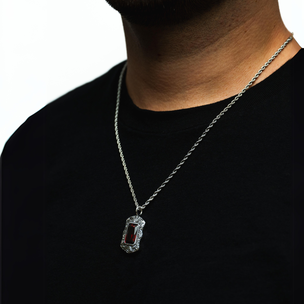 Red & Silver Diamond Pendant Necklace For Men By Twistedpendant