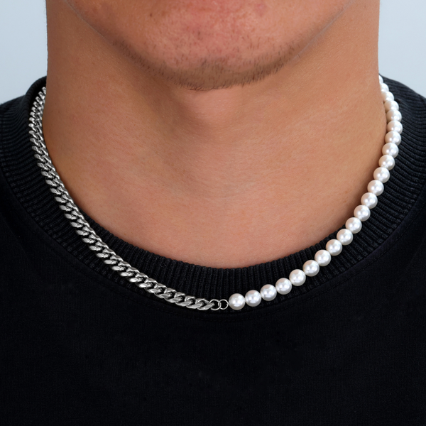 Half Pearl Half Silver Cuban (8MM) - Pearl Necklace Men | Twistedpendant