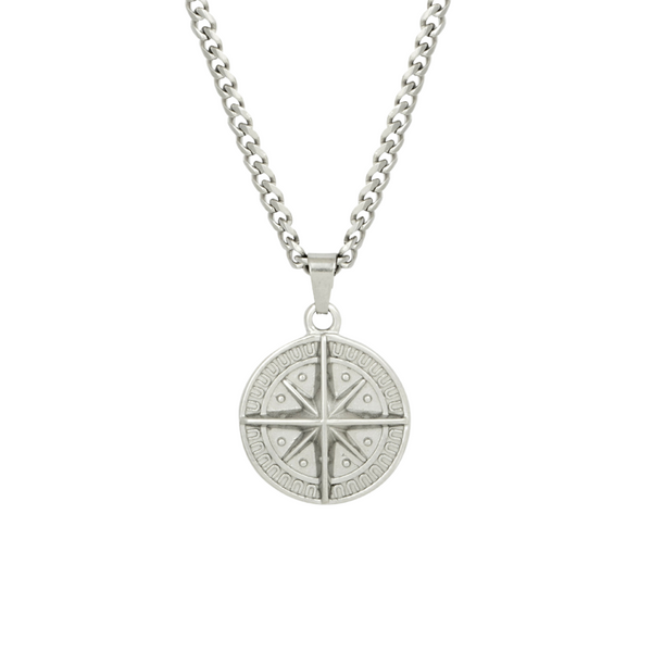 Men's Silver Compass Pendant on 3mm Cuban Chain Necklace | Twistedpendant