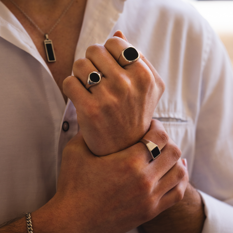 Mens Rings - Silver Square Onyx Signet Ring - By Twistedpendant