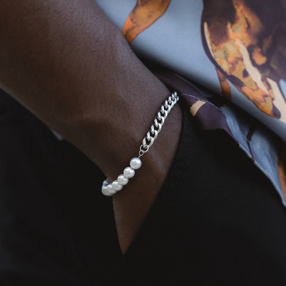 Half Pearl / Silver Cuban Chain - Mens Pearl Bracelet | By Twistedpendant