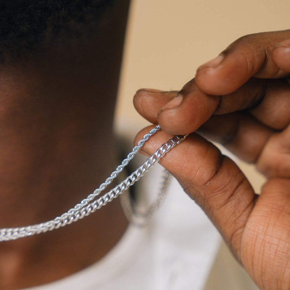 Person holding a silver chain necklace