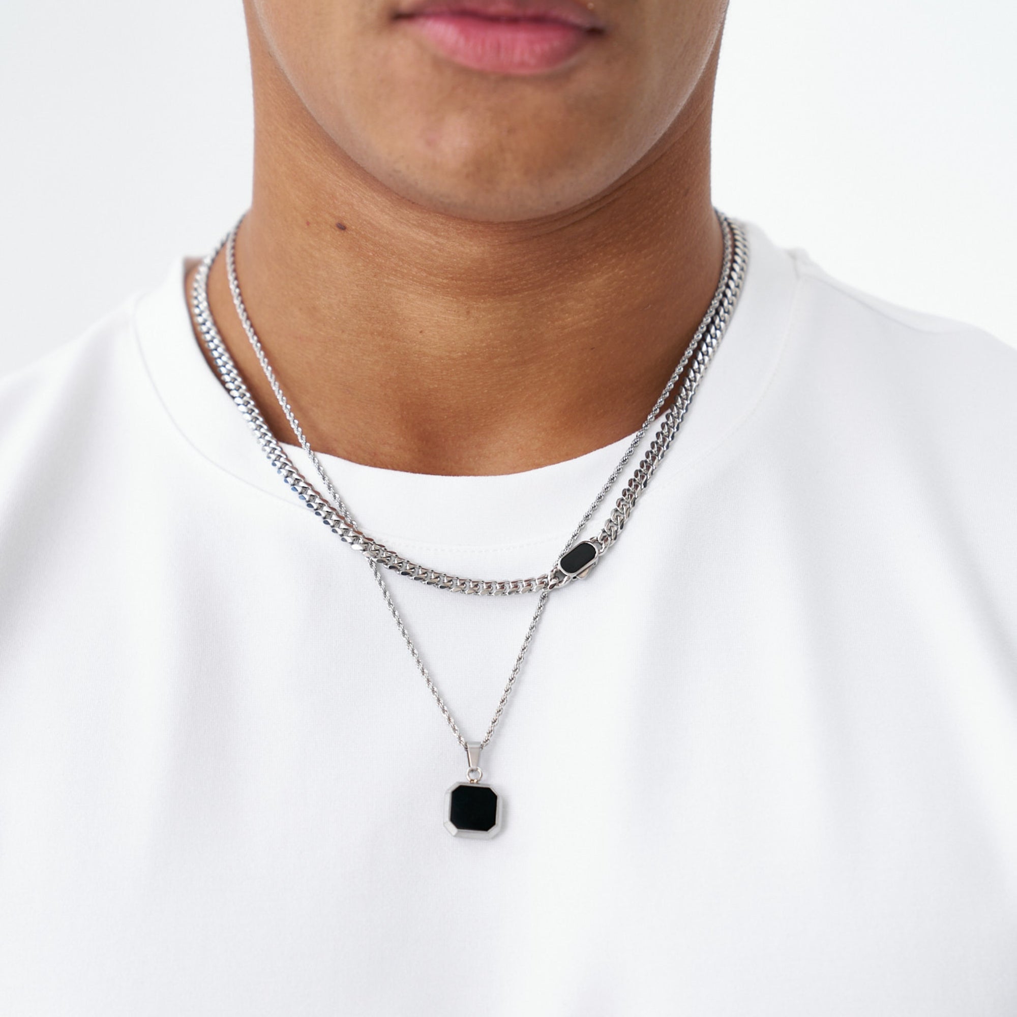 Onyx Cuban Necklace Set (Silver)