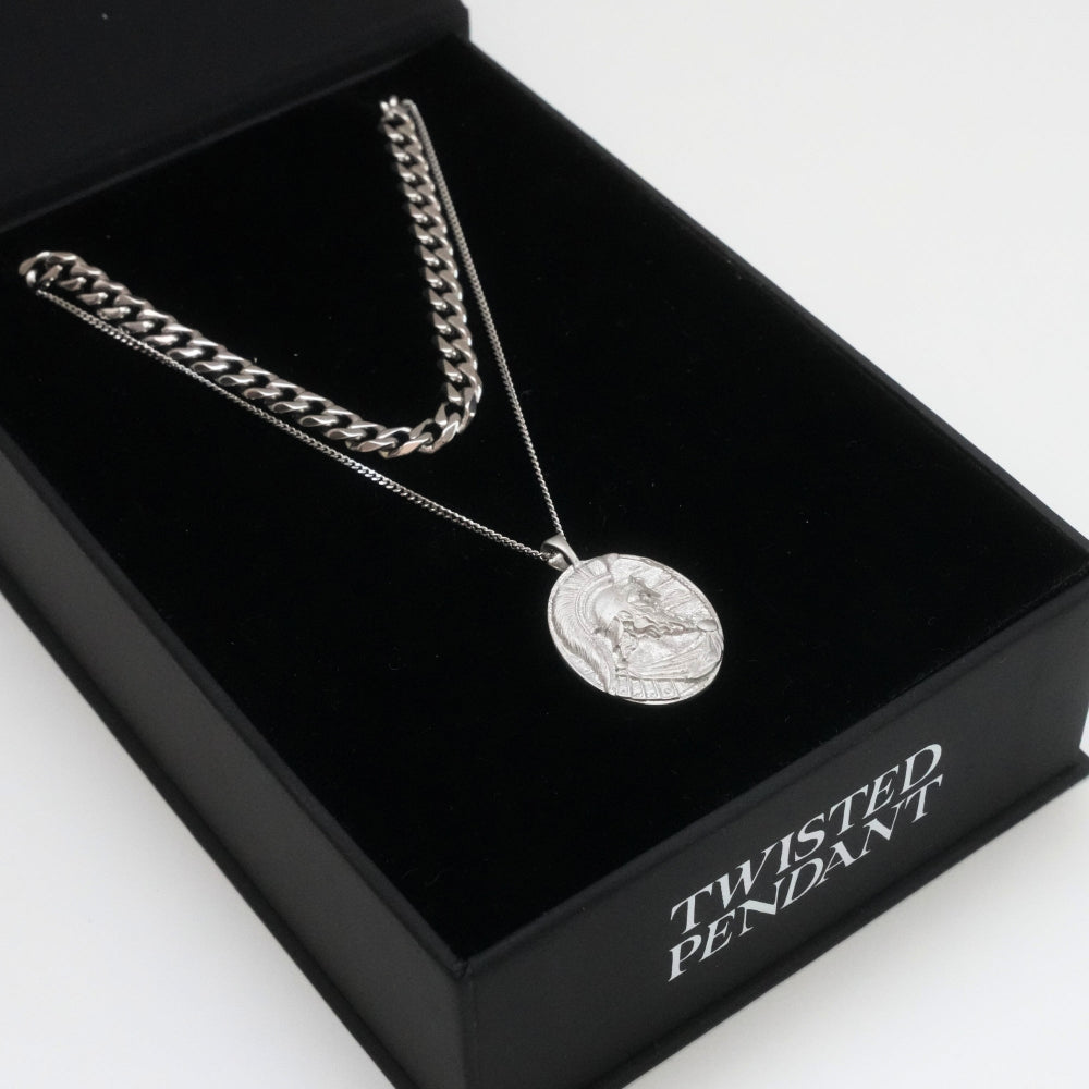 Silver pendant necklace on a black box with 'Twisted Pendant' branding.