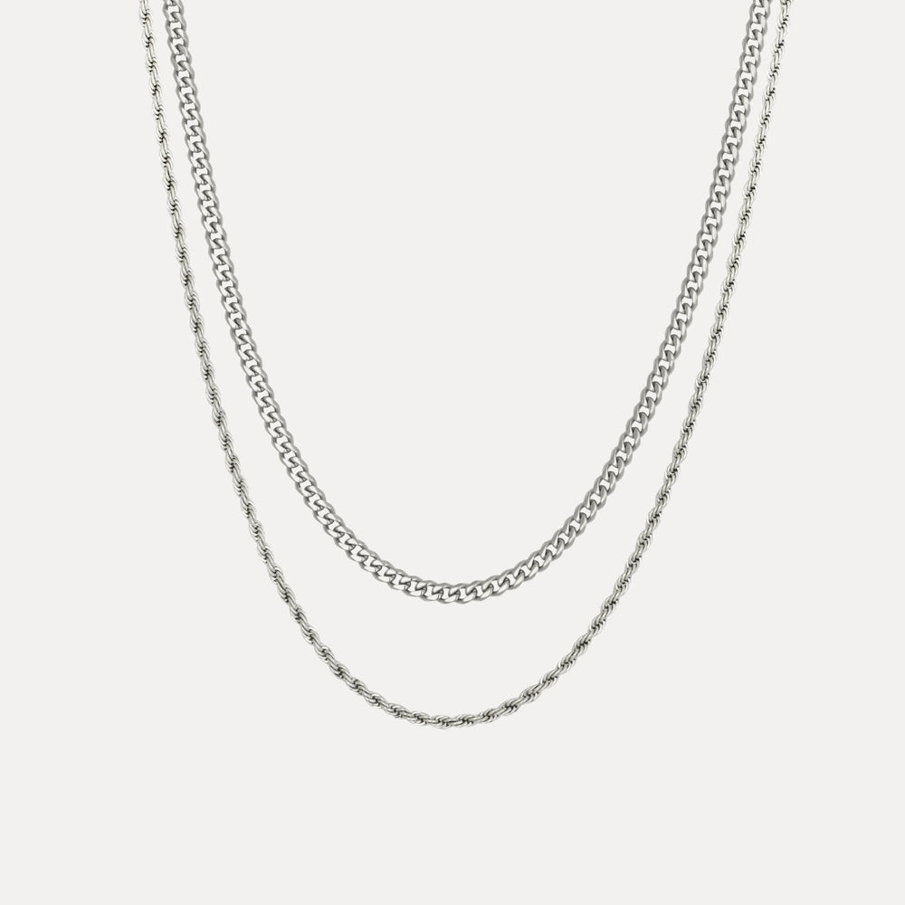 Silver Cuban + Rope Stack Chain Necklace Set For Men By Twistedpendant