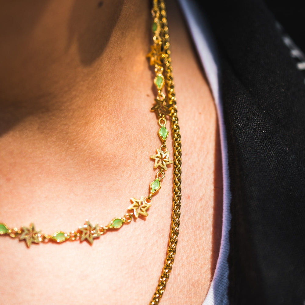 Gold necklace with green gemstones on a person's neck