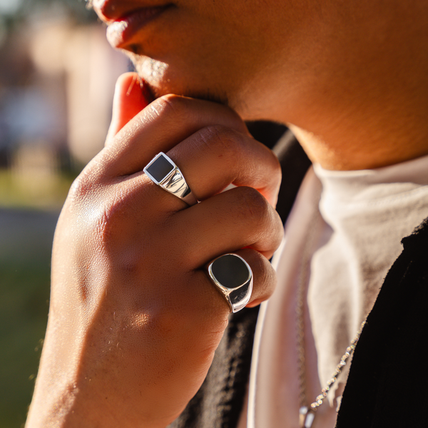 Mens Rings - Silver Square Onyx Signet Ring - By Twistedpendant