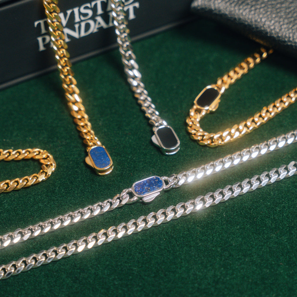 Gold and silver chain necklaces on a green surface with 'Twisted Pendant' text.