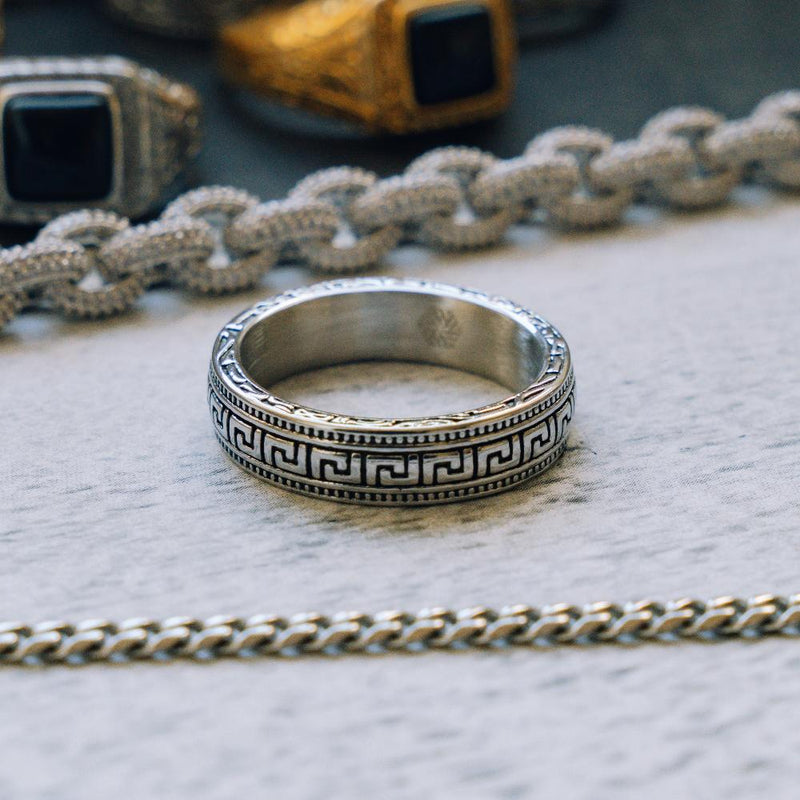 Kosmos Ring - Silver | Greek Key Band Ring For Men - By Twistedpendant